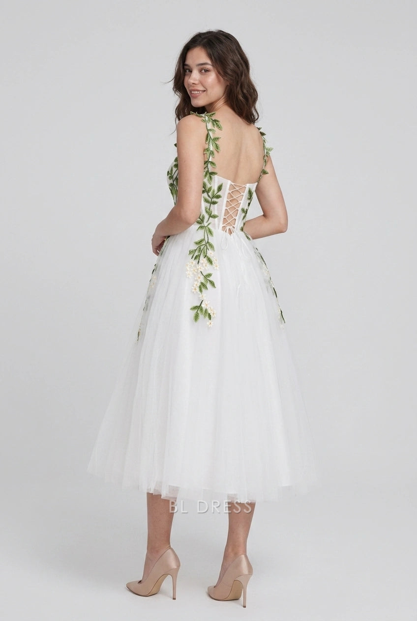 Elegant A-Line Sweetheart Sleeveless Floral Embroidered White Midi Homecoming Dress