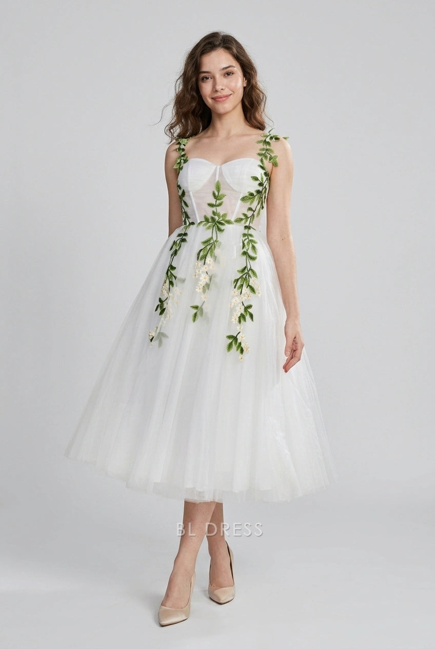 Elegant A-Line Sweetheart Sleeveless Floral Embroidered White Midi Homecoming Dress