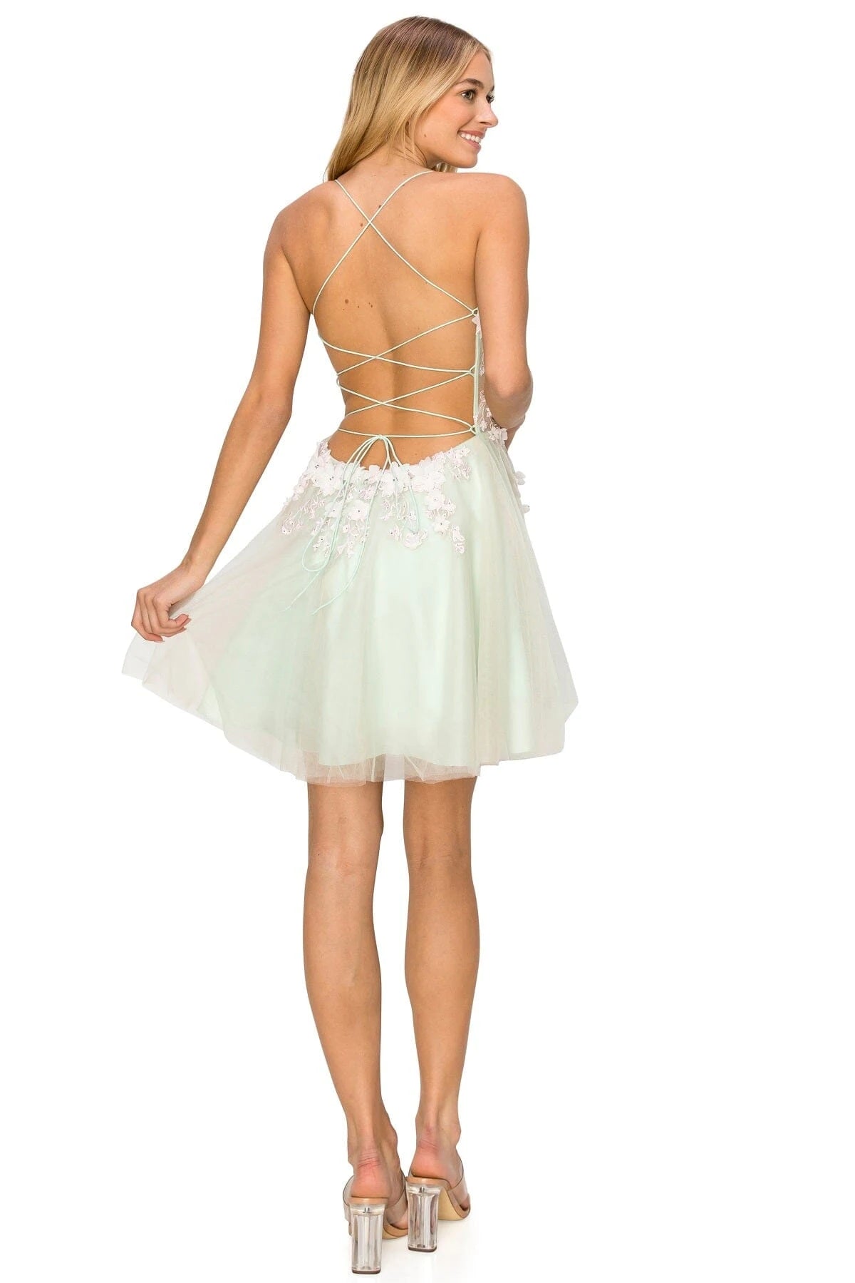 Elegant A-Line Sweetheart Sleeveless Floral Illusion Mint Green Short Homecoming Dress