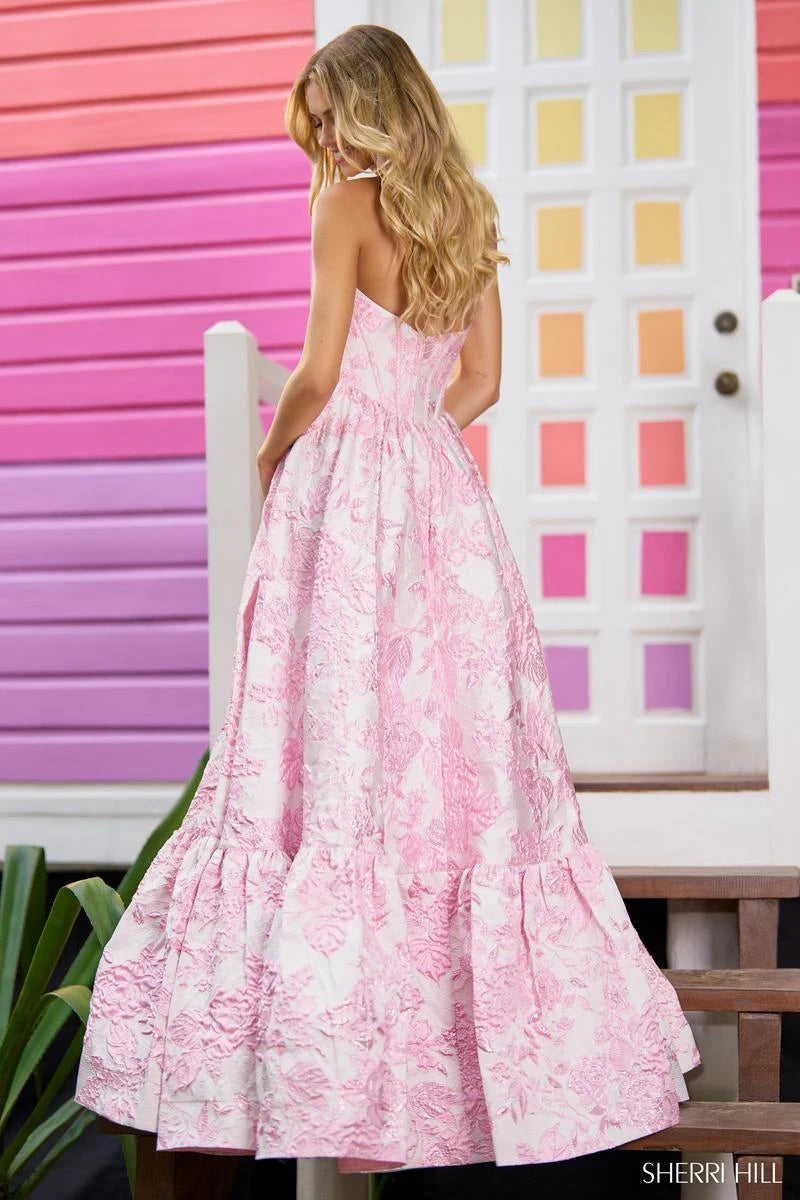 Elegant A-Line Sweetheart Sleeveless Floral Pink Long Prom Gown For Women