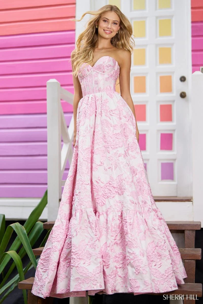 Elegant A-Line Sweetheart Sleeveless Floral Pink Long Prom Gown For Women