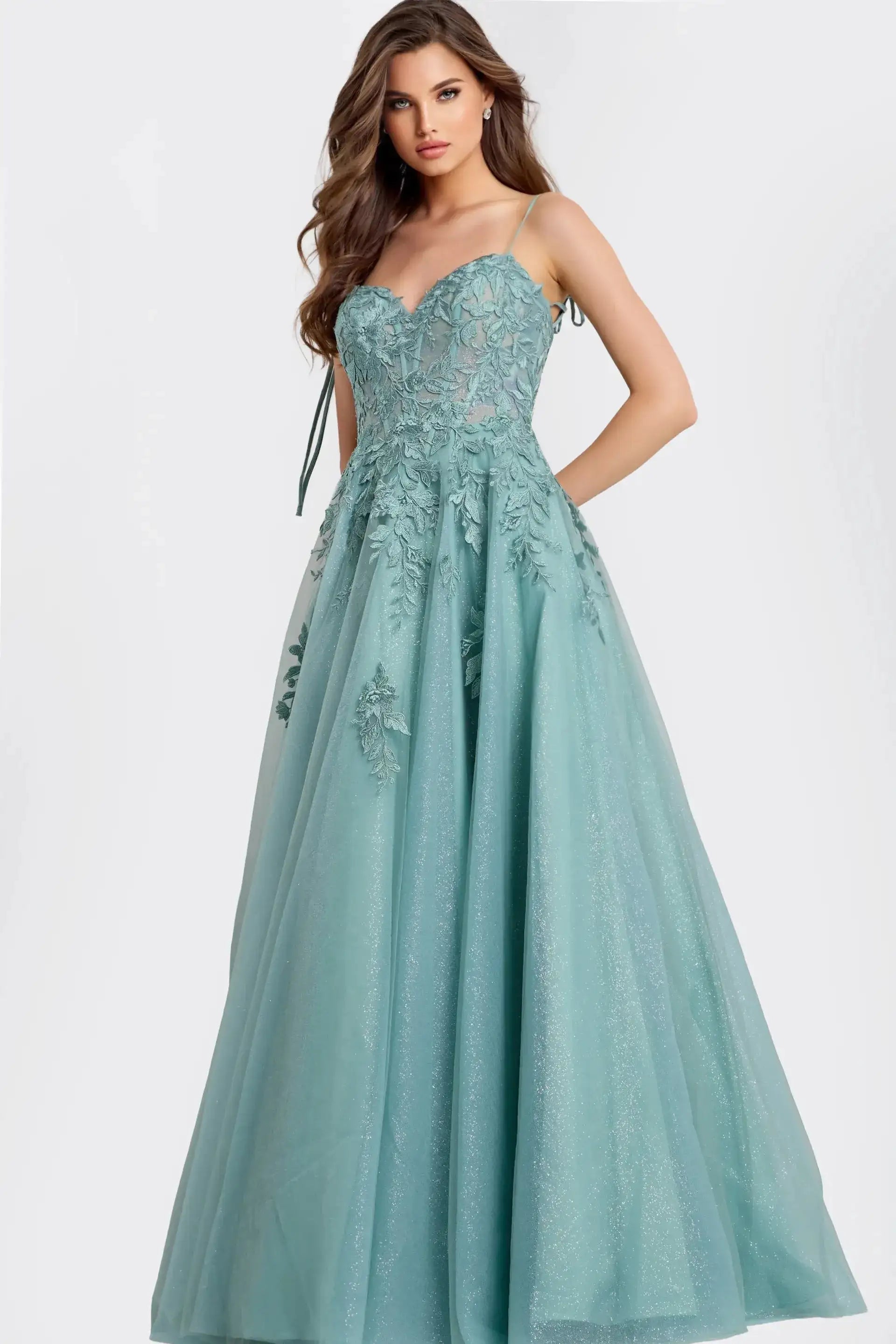 Elegant A-Line Sweetheart Sleeveless Floral Sparkle Sage Long Prom Dresses Women Gown