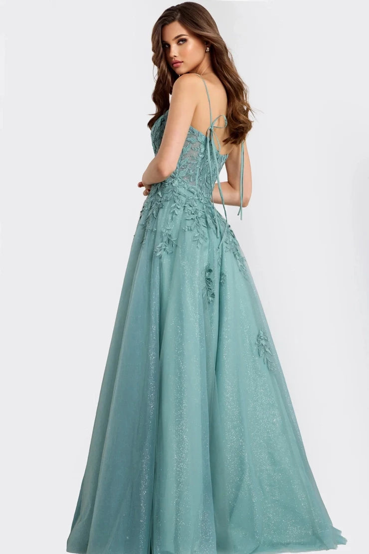 Elegant A-Line Sweetheart Sleeveless Floral Sparkle Sage Long Prom Dresses Women Gown