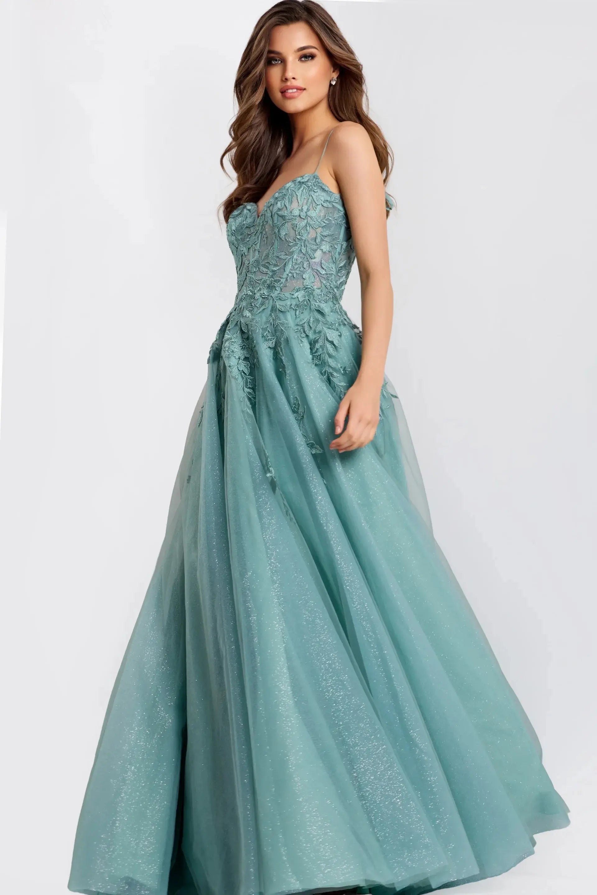 Elegant A-Line Sweetheart Sleeveless Floral Sparkle Sage Long Prom Dresses Women Gown