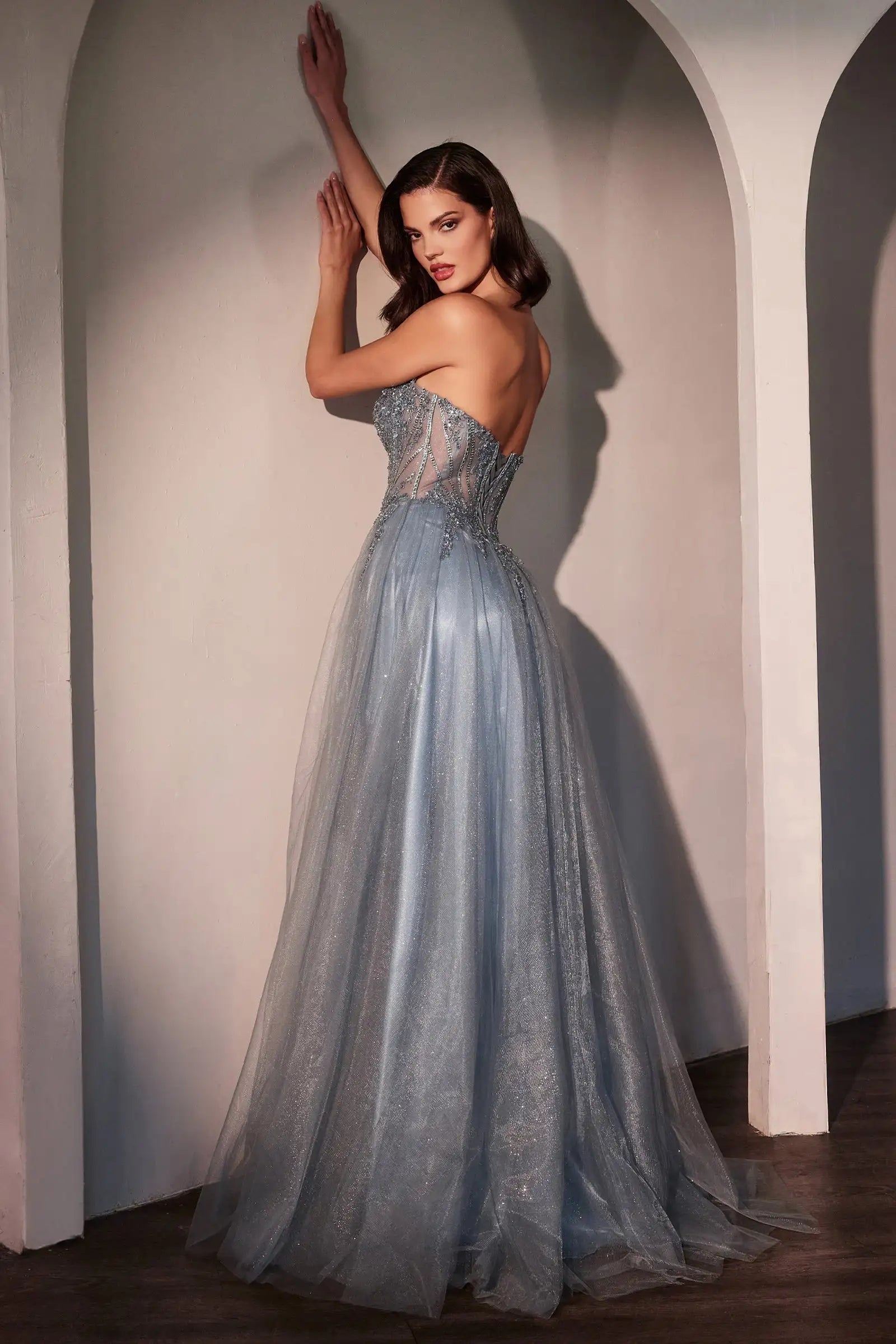 Elegant A-Line Sweetheart Sleeveless Glittering Corset Dusty Blue Floor-Length Prom Dresses Gown