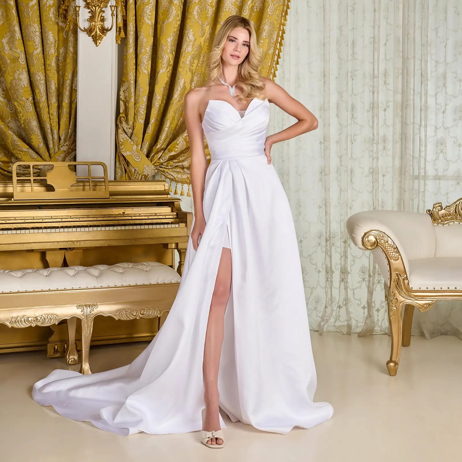 Elegant A-Line Sweetheart Sleeveless High Slit White Long Prom Dress Gown