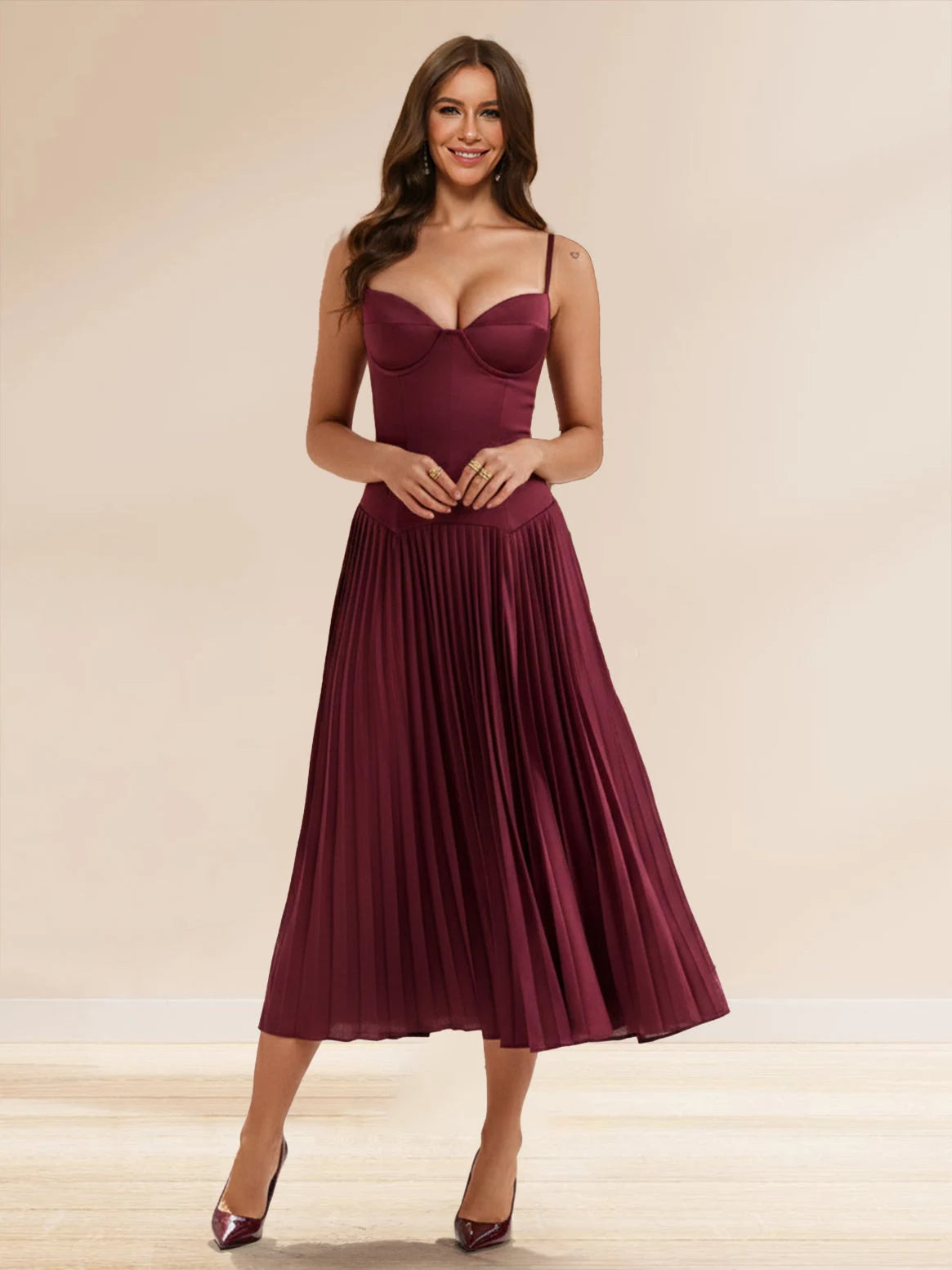 Elegant A-Line Sweetheart Sleeveless Pleated Corset Wine Midi Prom Dresses Women's Gown