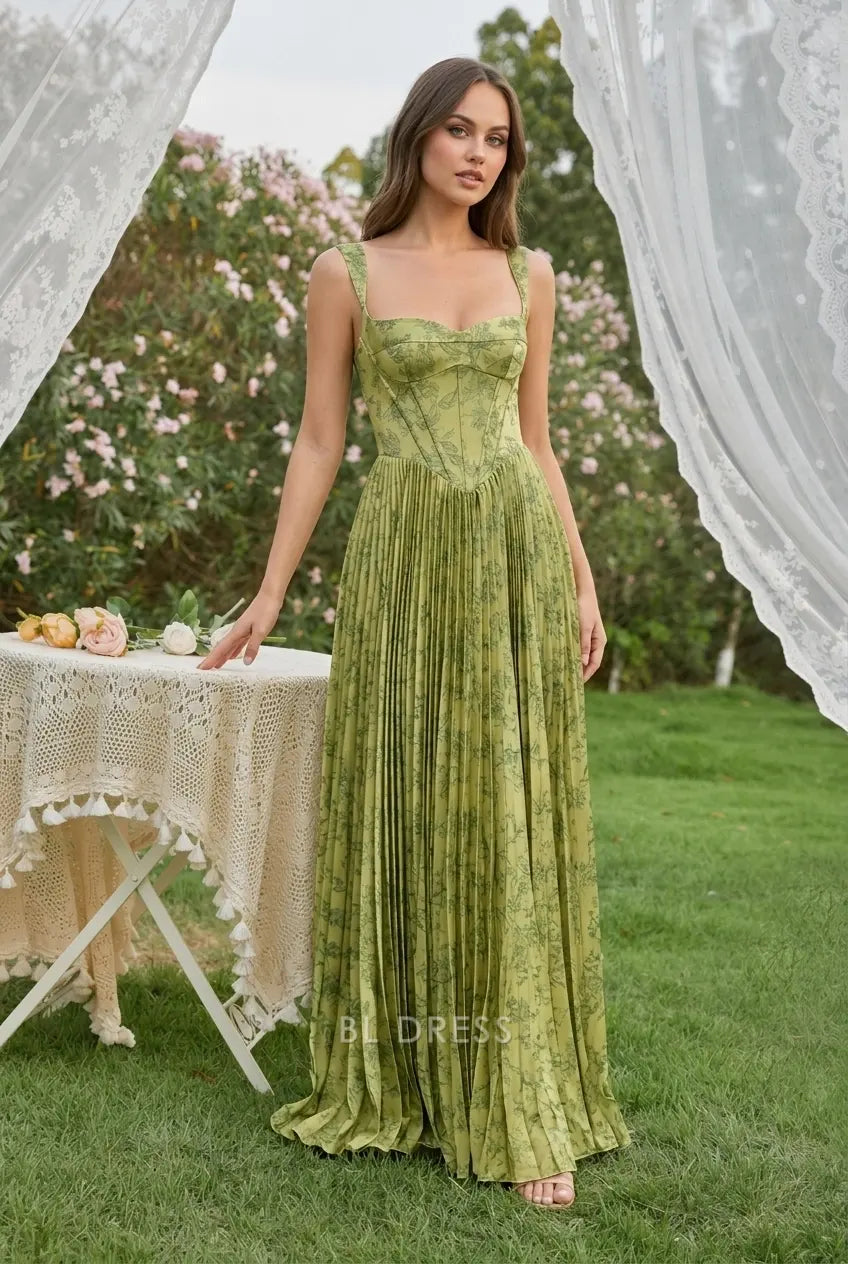 Elegant A-Line Sweetheart Sleeveless Pleated Floral Sage Green Floor-Length Prom Gown