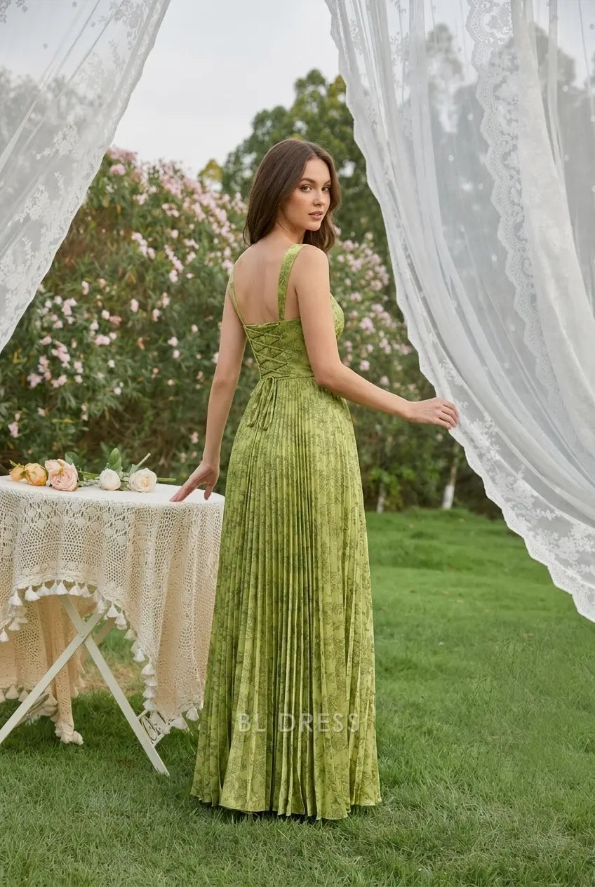 Elegant A-Line Sweetheart Sleeveless Pleated Floral Sage Green Floor-Length Prom Gown