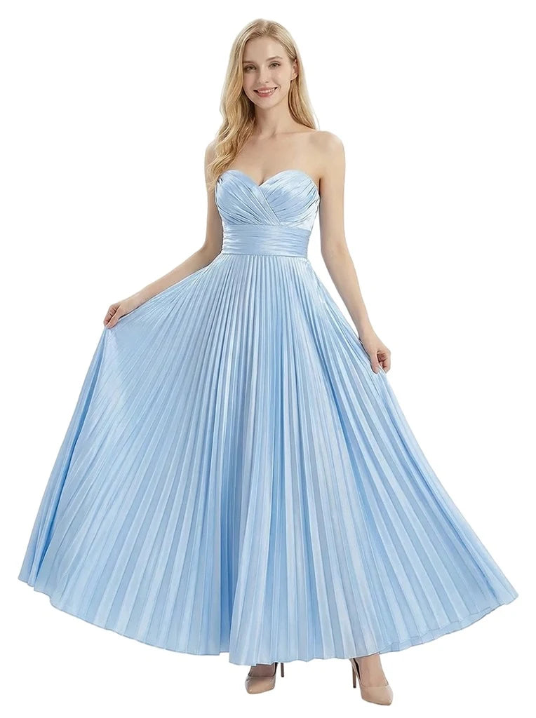 Elegant A-Line Sweetheart Sleeveless Pleated Light Blue Floor-Length Prom Dresses Gown