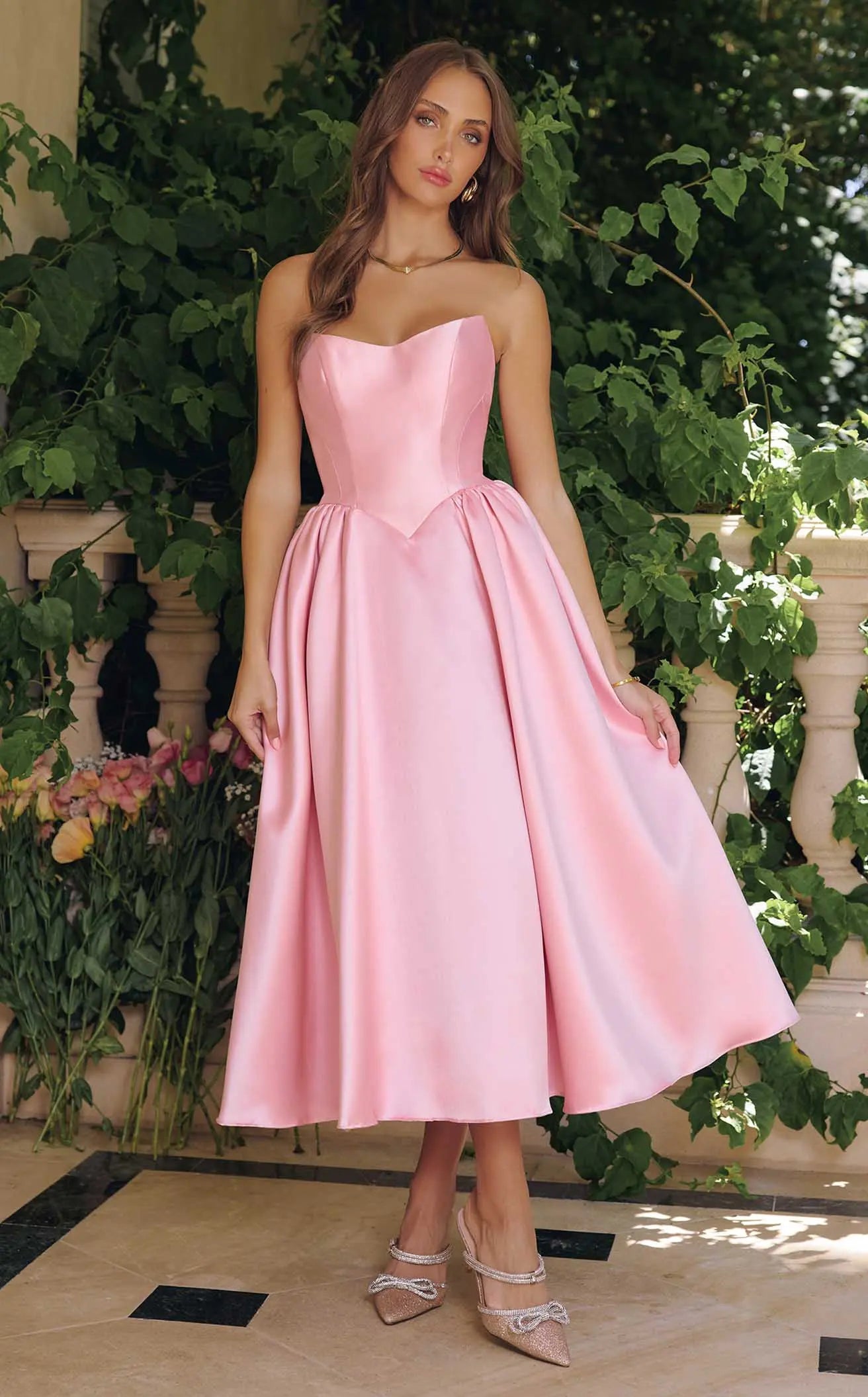 Elegant A-Line Sweetheart Sleeveless Pleated Pink Midi Prom Dress Women's