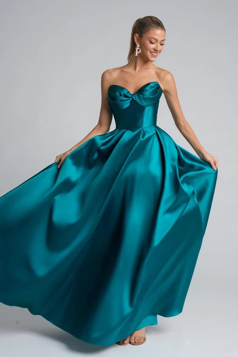 Elegant A-Line Sweetheart Sleeveless Pleated Teal Floor-Length Prom Dress