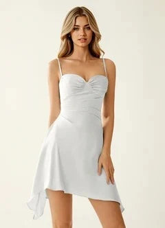 Elegant A-Line Sweetheart Sleeveless Ruched Handkerchief Silver Short Homecoming Dress for Women