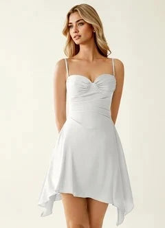 Elegant A-Line Sweetheart Sleeveless Ruched Handkerchief Silver Short Homecoming Dress for Women