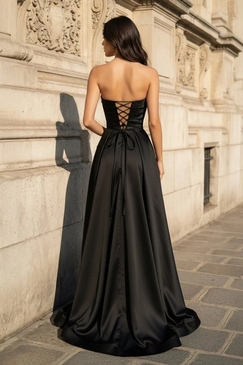 Elegant A-Line Sweetheart Sleeveless Ruched Slit Black Long Prom Dresses Women