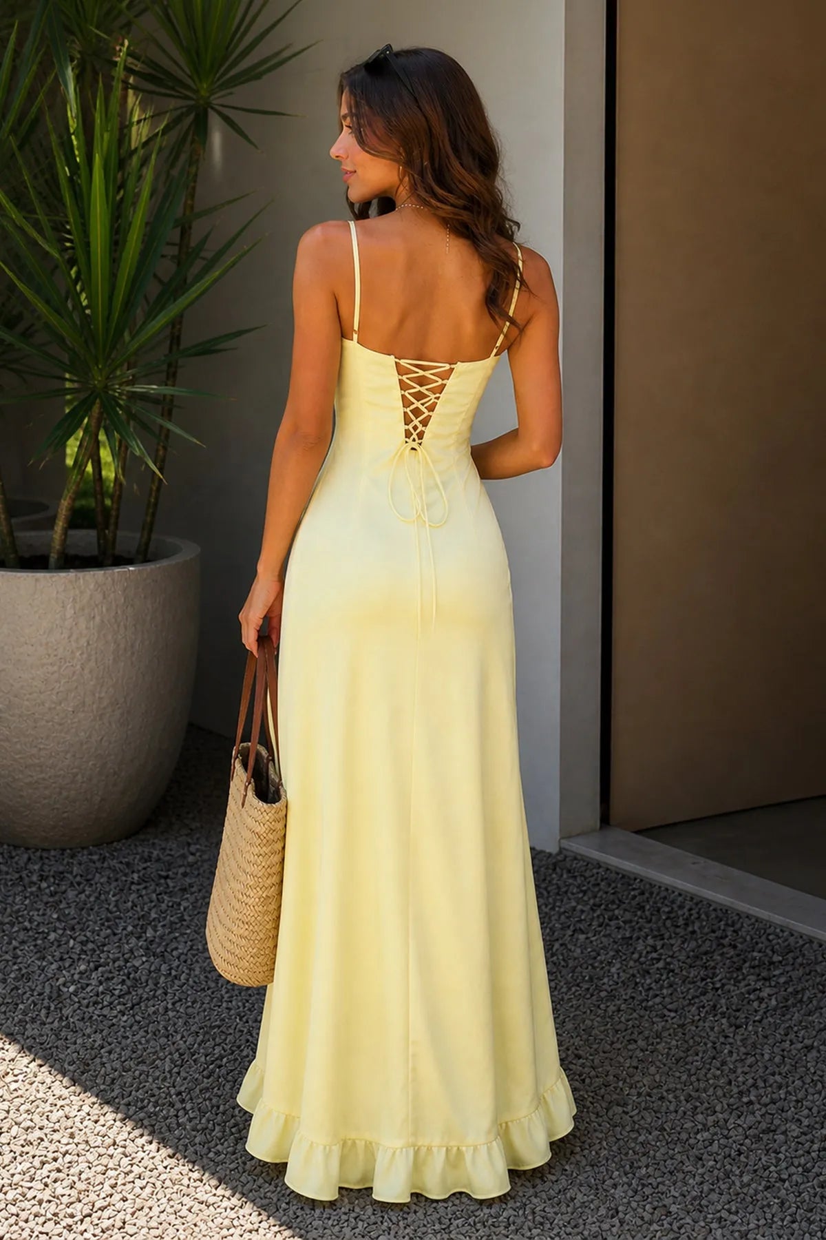Elegant A-Line Sweetheart Sleeveless Ruffle Corset Yellow Maxi Prom Dresses Women