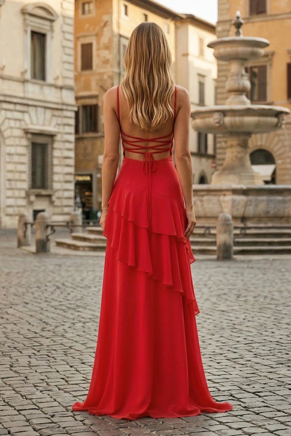 Elegant A-Line Sweetheart Sleeveless Ruffled Backless Red Maxi Prom Dresses Women
