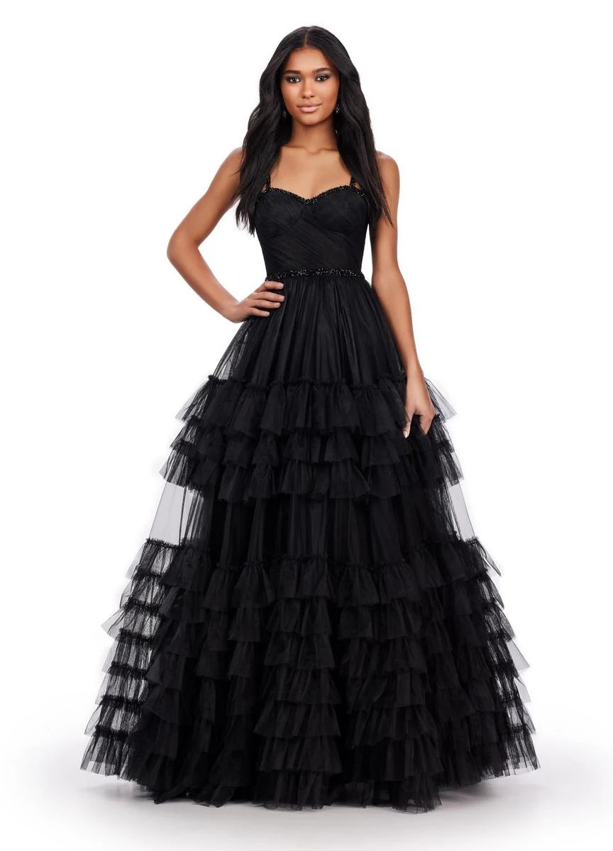 Elegant A-Line Sweetheart Sleeveless Ruffled Black Floor-Length Prom Gown