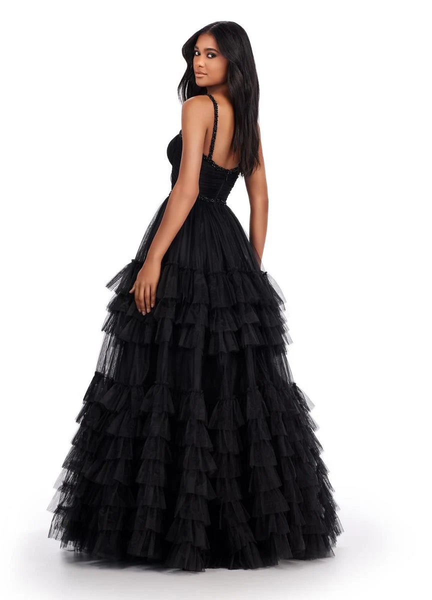 Elegant A-Line Sweetheart Sleeveless Ruffled Black Floor-Length Prom Gown
