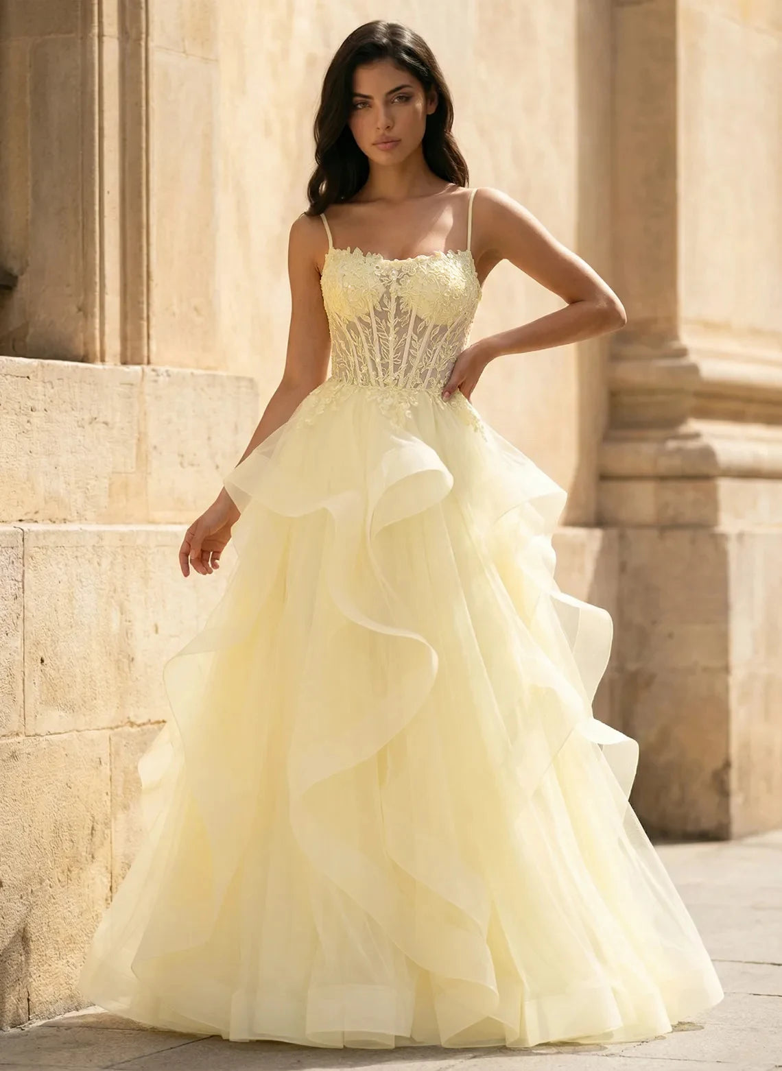 Elegant A-Line Sweetheart Sleeveless Ruffled Corset Pale Yellow Floor-Length Prom Gown