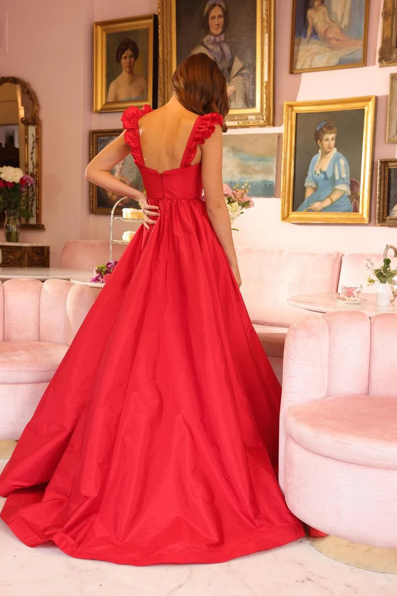 Elegant A-Line Sweetheart Sleeveless Ruffled High Slit Red Floor-Length Prom Gown