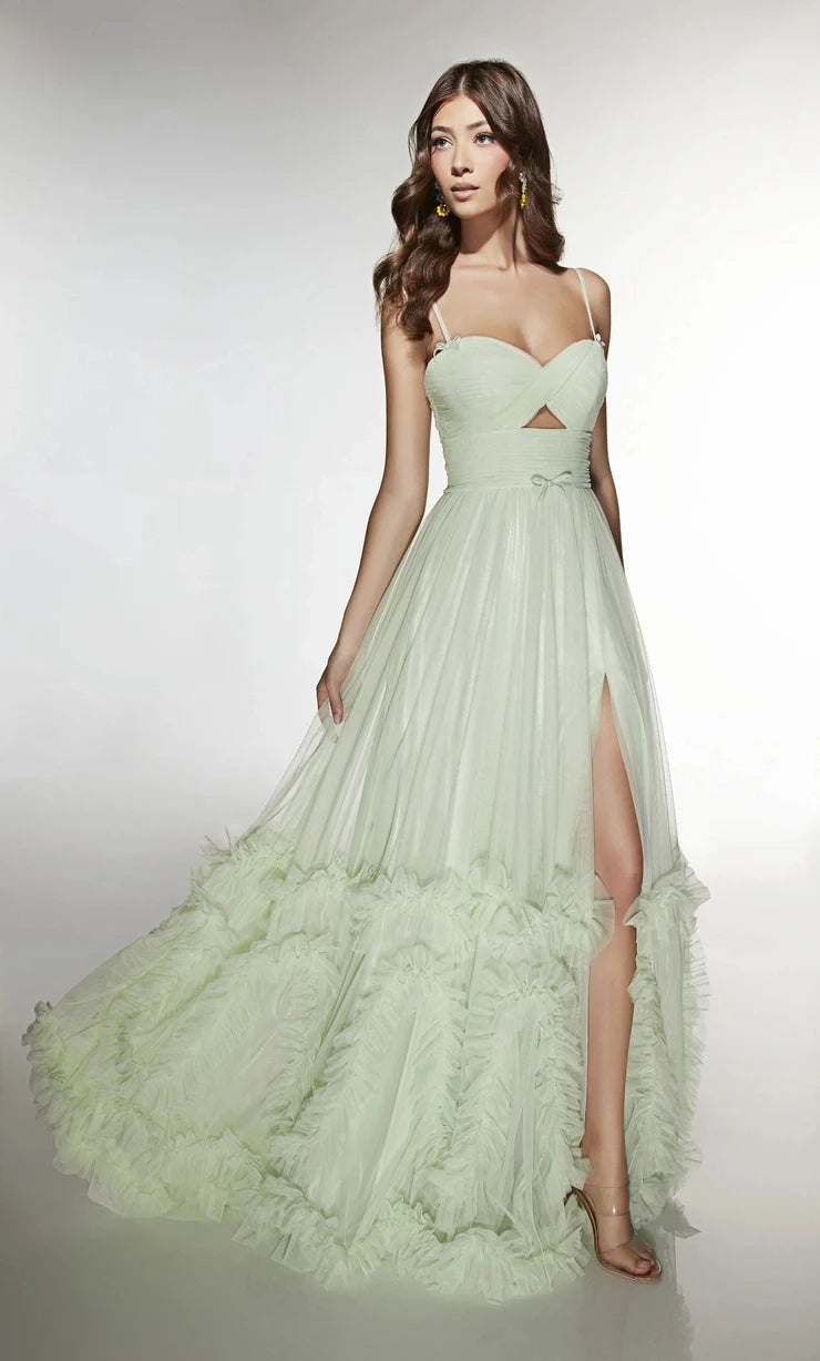 Elegant A-Line Sweetheart Sleeveless Ruffled Slit Sage Maxi Prom Dresses Women Gown