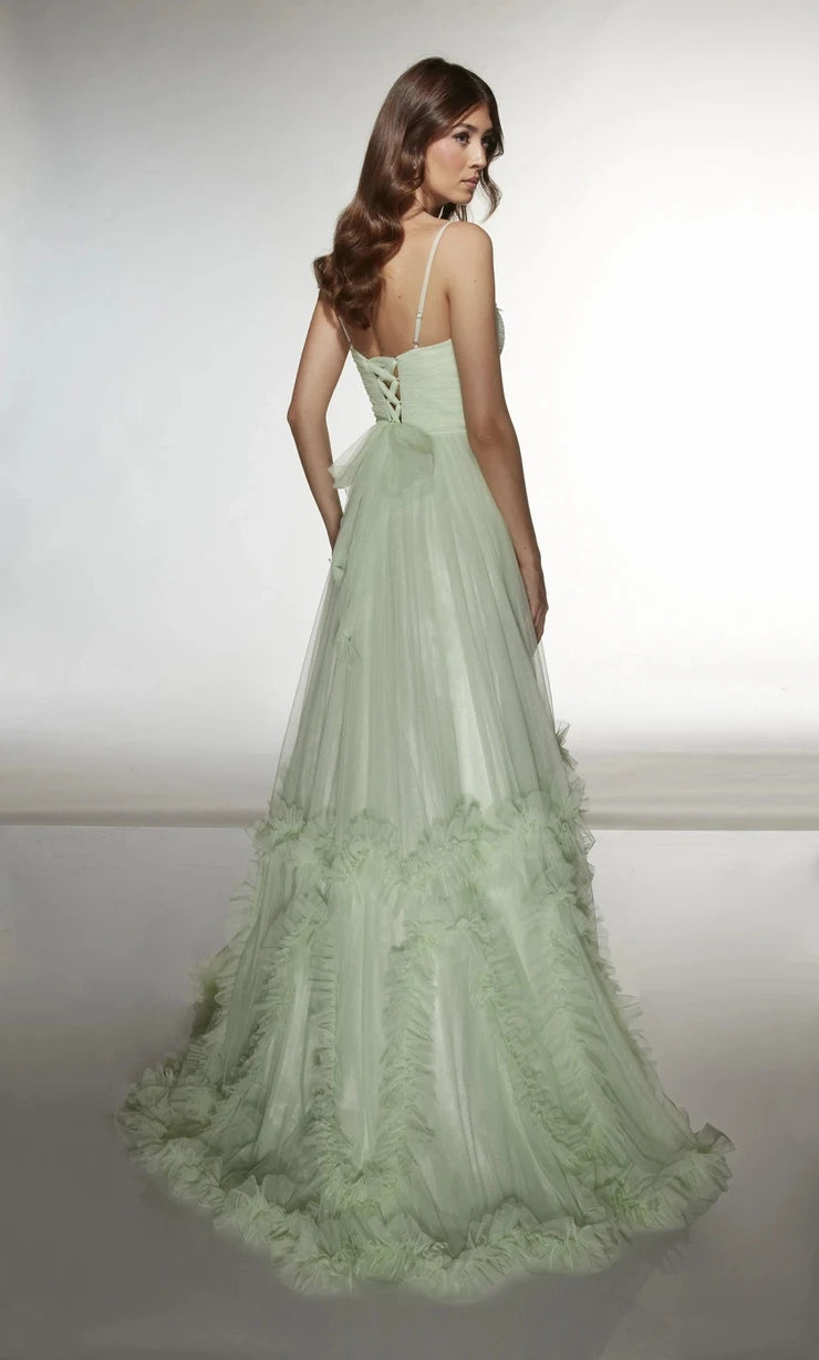 Elegant A-Line Sweetheart Sleeveless Ruffled Slit Sage Maxi Prom Dresses Women Gown
