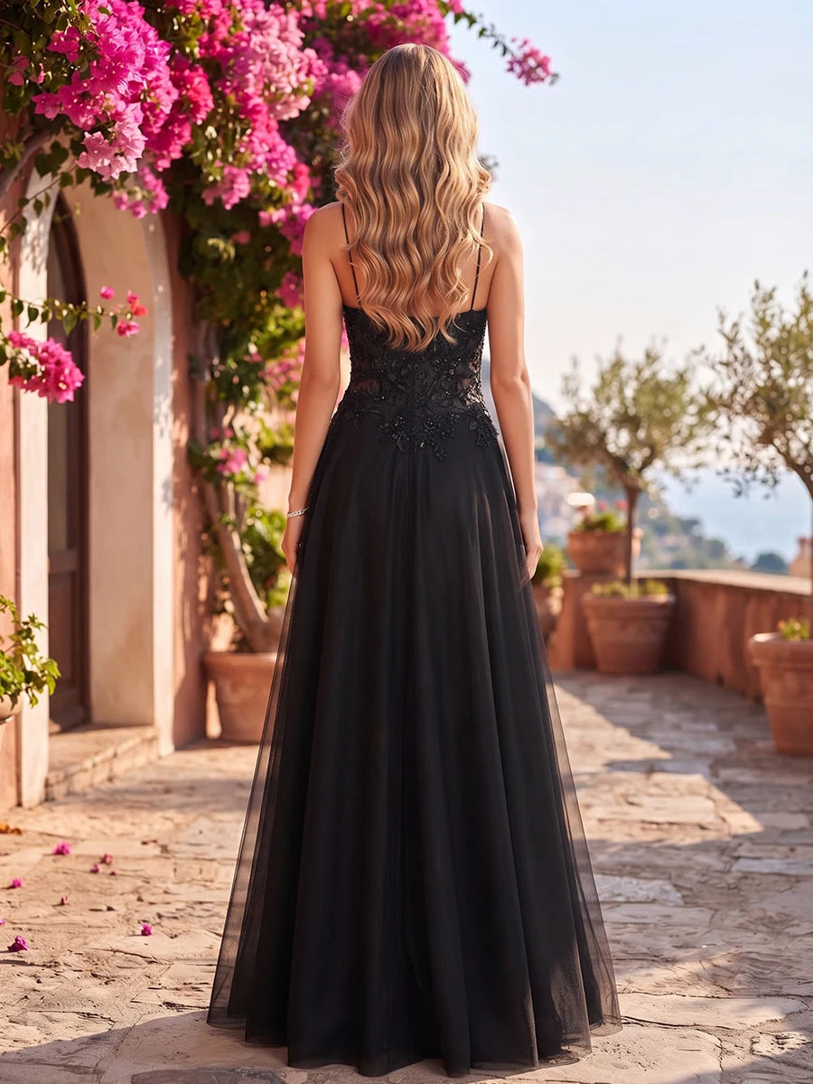 Elegant A-Line Sweetheart Sleeveless Sequin Slit Black Floor-Length Prom Gown