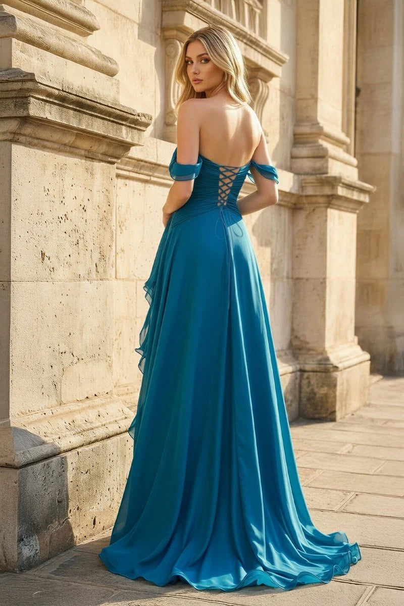 Elegant A-Line Sweetheart Sleeveless Slit Ruffled Teal Long Prom Dresses Gown