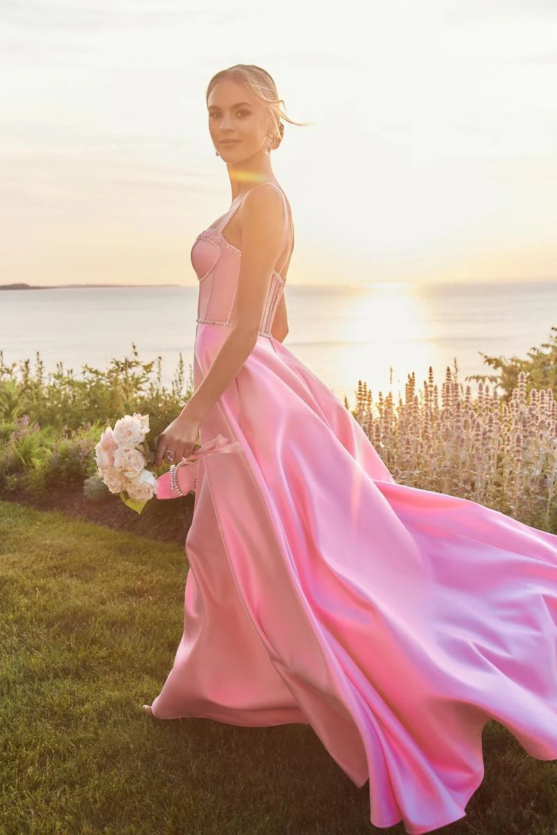 Elegant A-Line Sweetheart Sleeveless Sparkling High Slit Pink Floor-Length Prom Dress Gown