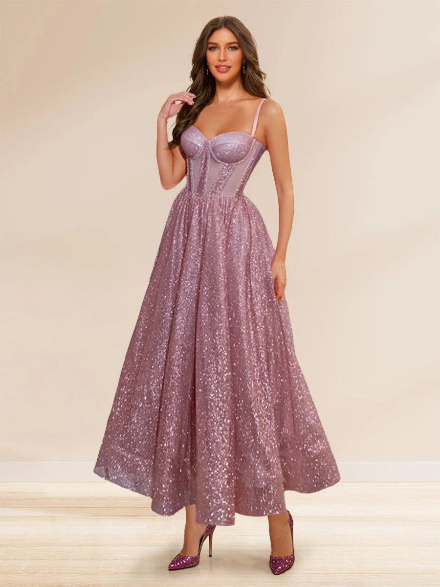 Elegant A-Line Sweetheart Sleeveless Sparkly Glittery Pink Midi Prom Dress For Women
