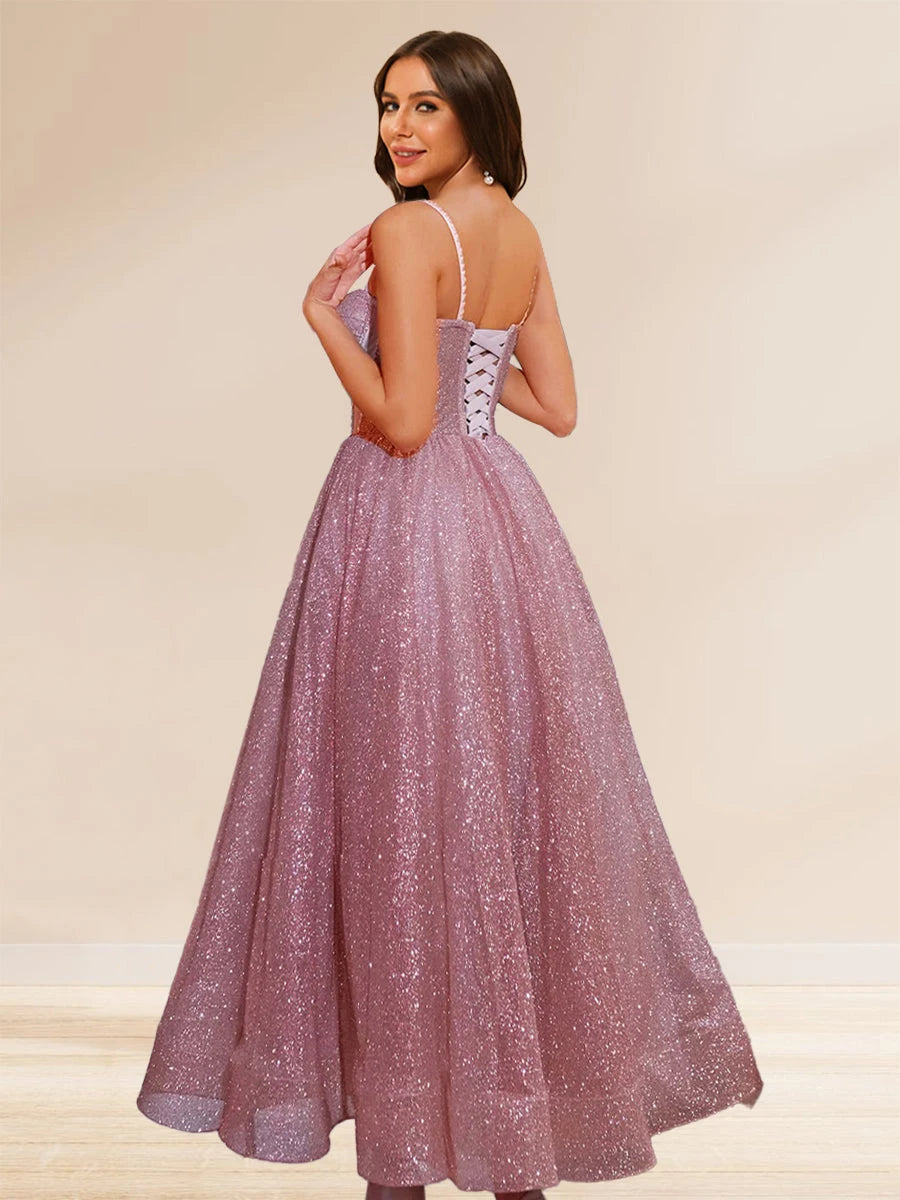 Elegant A-Line Sweetheart Sleeveless Sparkly Glittery Pink Midi Prom Dress For Women