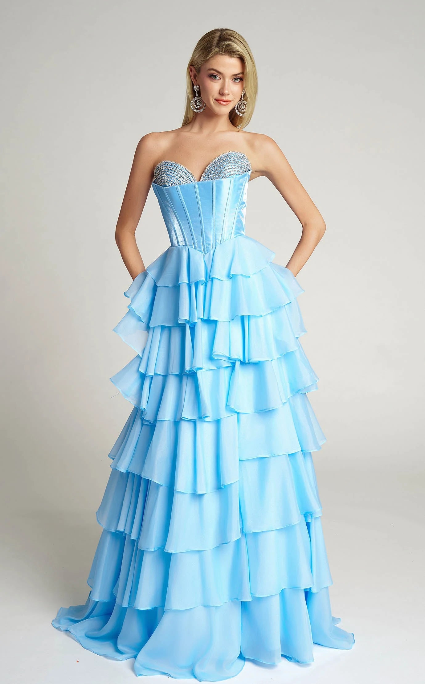 Elegant A-Line Sweetheart Sleeveless Tiered Beaded Sky Blue Floor-Length Prom Dress