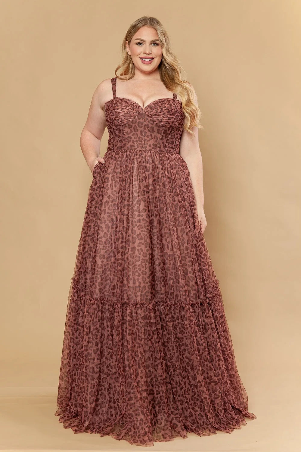 Elegant A-Line Sweetheart Sleeveless Tiered Leopard Brown Floor-Length Prom Dress Plus Size