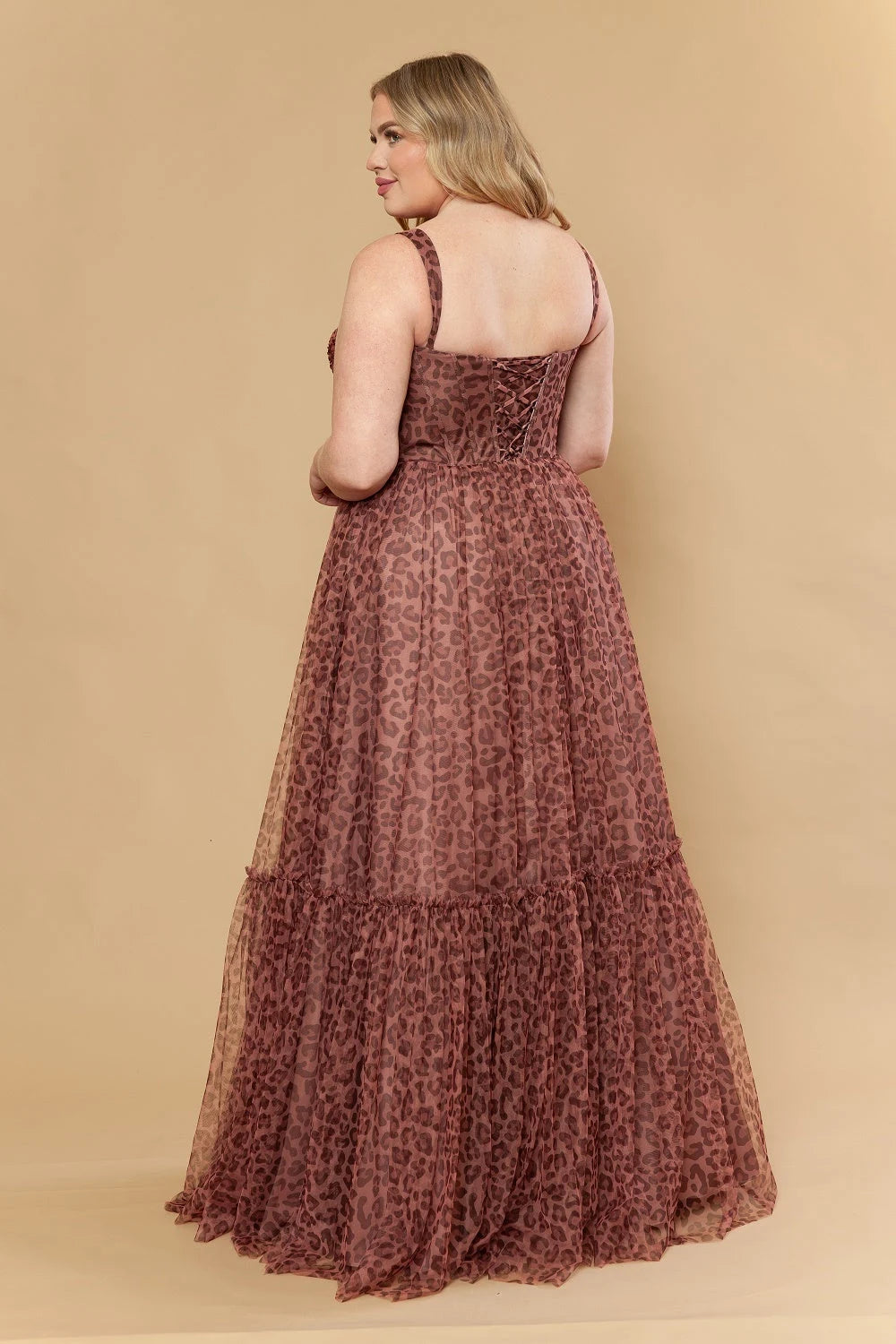 Elegant A-Line Sweetheart Sleeveless Tiered Leopard Brown Floor-Length Prom Dress Plus Size