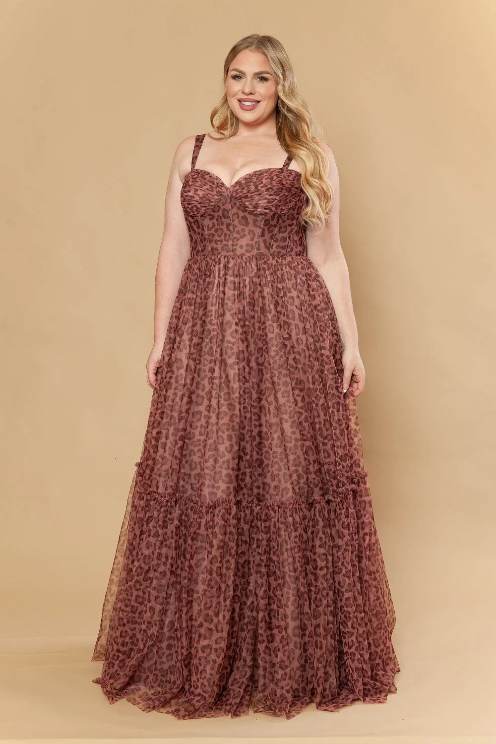 Elegant A-Line Sweetheart Sleeveless Tiered Leopard Brown Floor-Length Prom Dress Plus Size