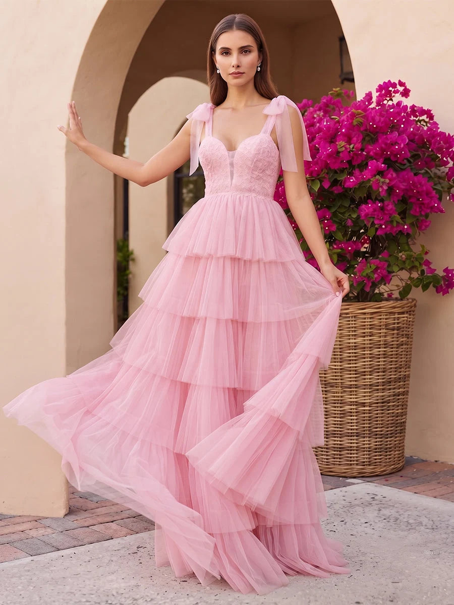 Elegant A-Line Sweetheart Sleeveless Tiered Pink Floor-Length Prom Dresses Gown
