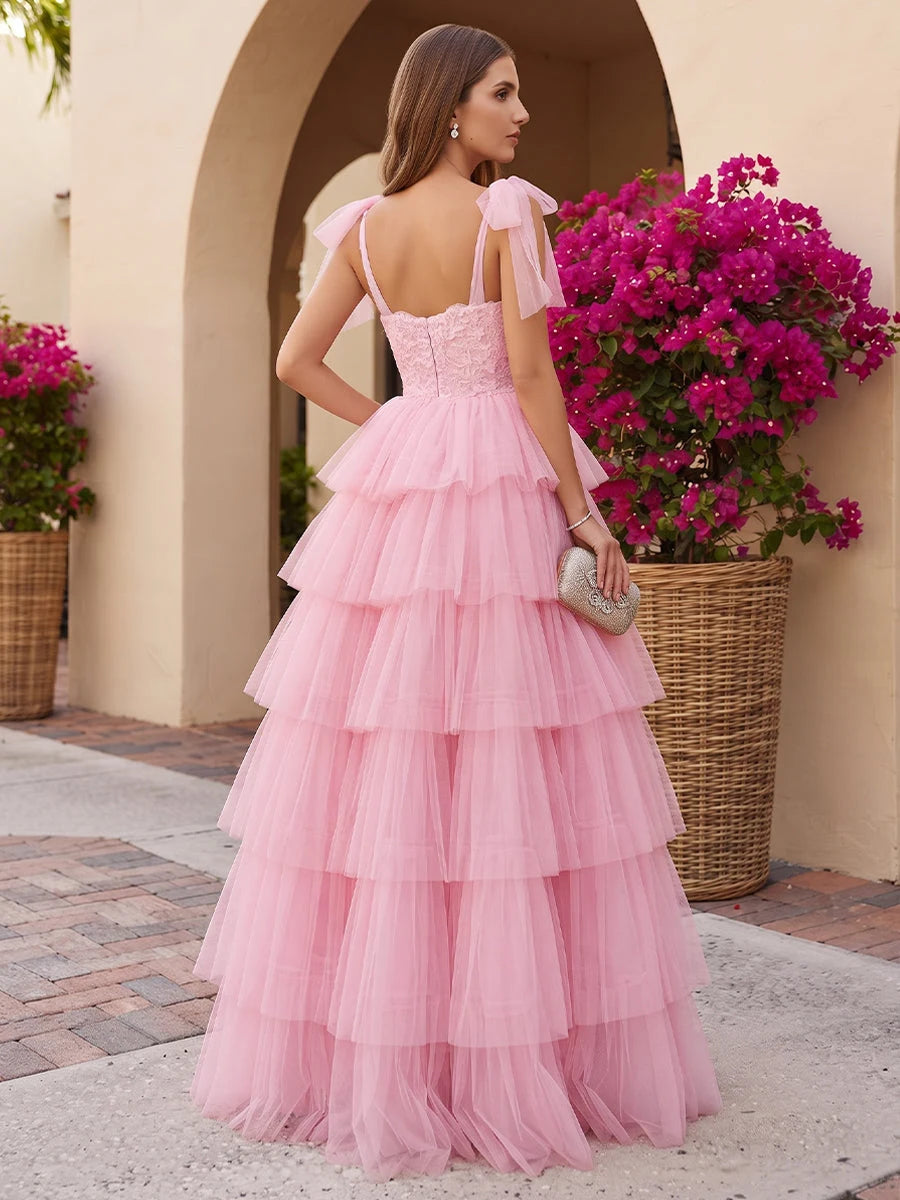 Elegant A-Line Sweetheart Sleeveless Tiered Pink Floor-Length Prom Dresses Gown