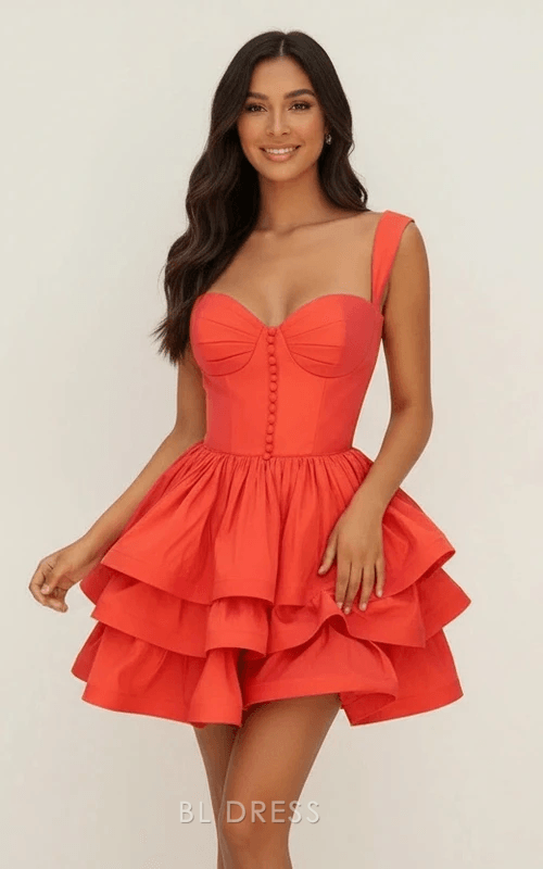 Elegant A-Line Sweetheart Sleeveless Tiered Ruffle Coral Short Homecoming Dresses