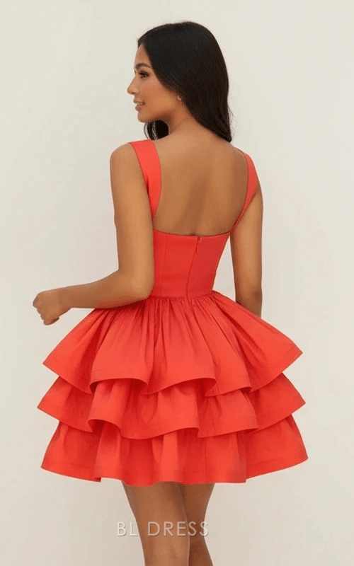 Elegant A-Line Sweetheart Sleeveless Tiered Ruffle Coral Short Homecoming Dresses