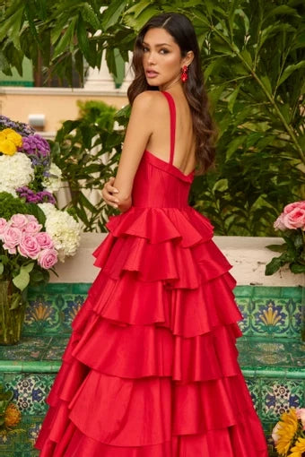 Elegant A-Line Sweetheart Sleeveless Tiered Slit Red Long Prom Dresses Women