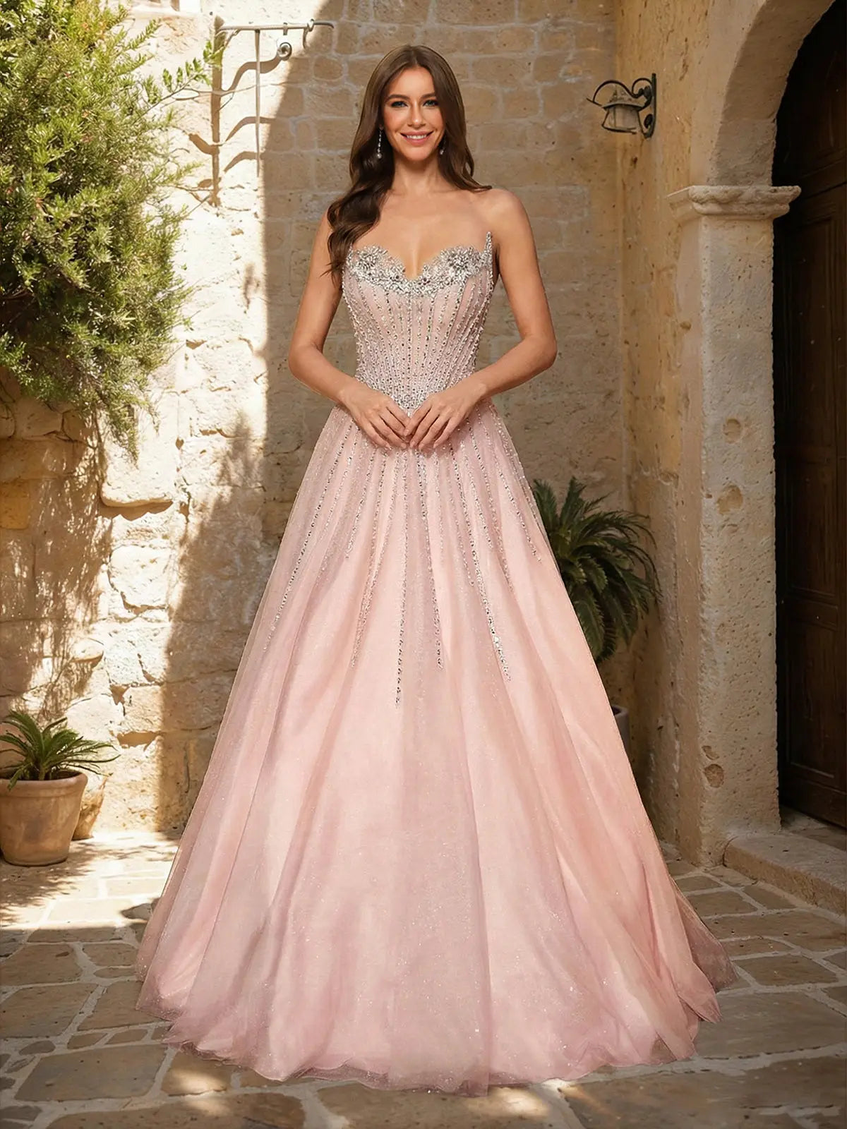 Elegant A-Line Sweetheart Strapless Beaded Glitter Blush Floor-Length Prom Dress