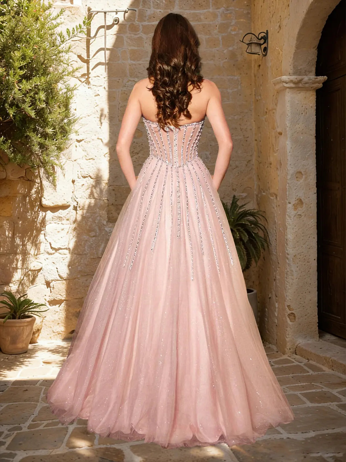 Elegant A-Line Sweetheart Strapless Beaded Glitter Blush Floor-Length Prom Dress