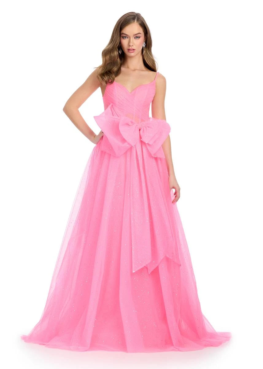 Elegant A-Line Sweetheart Strapless Bow Glittering Hot Pink Floor-Length Prom Dress