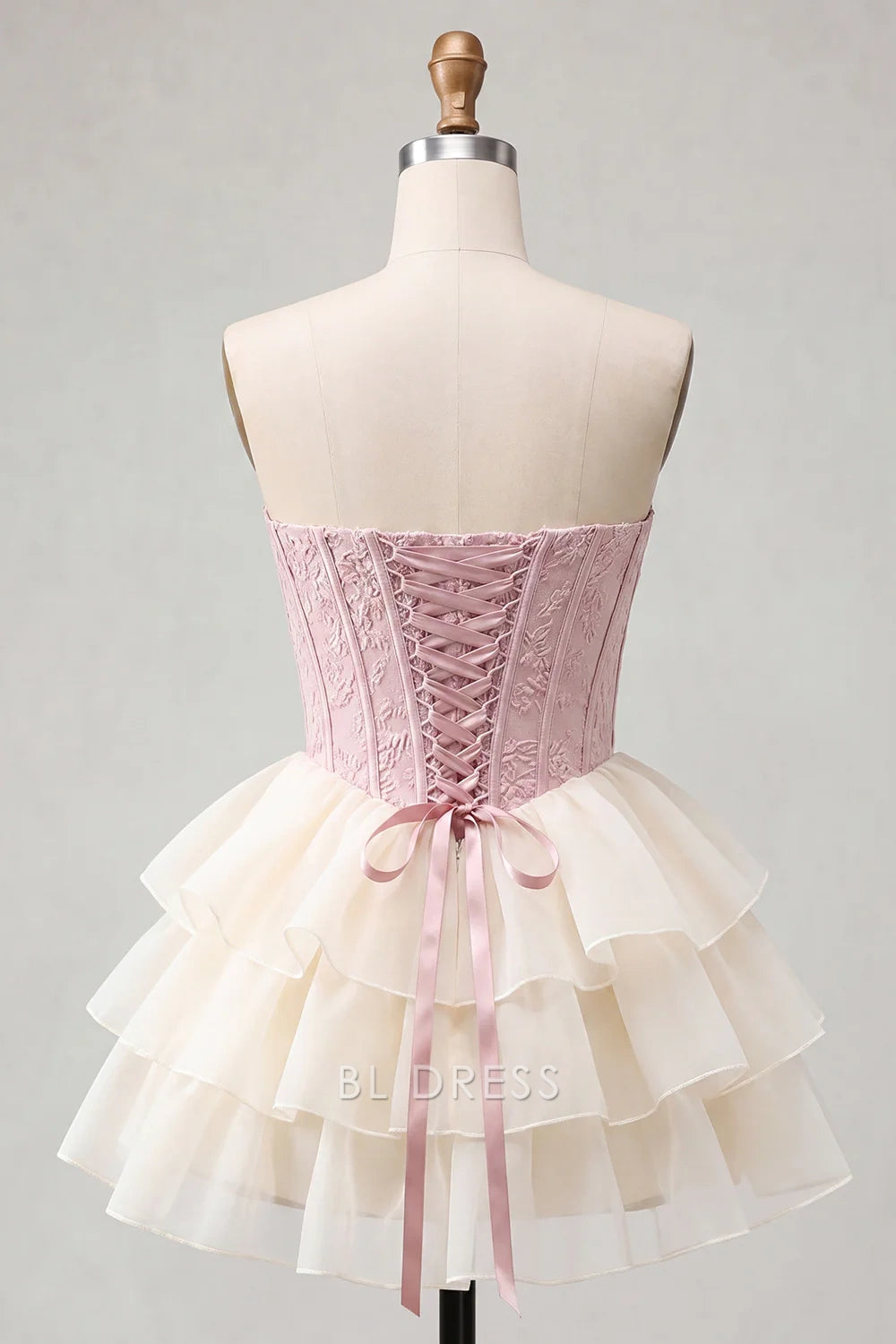 Elegant A-Line Sweetheart Strapless Corset Tiered Pink Cream Short Homecoming Dress