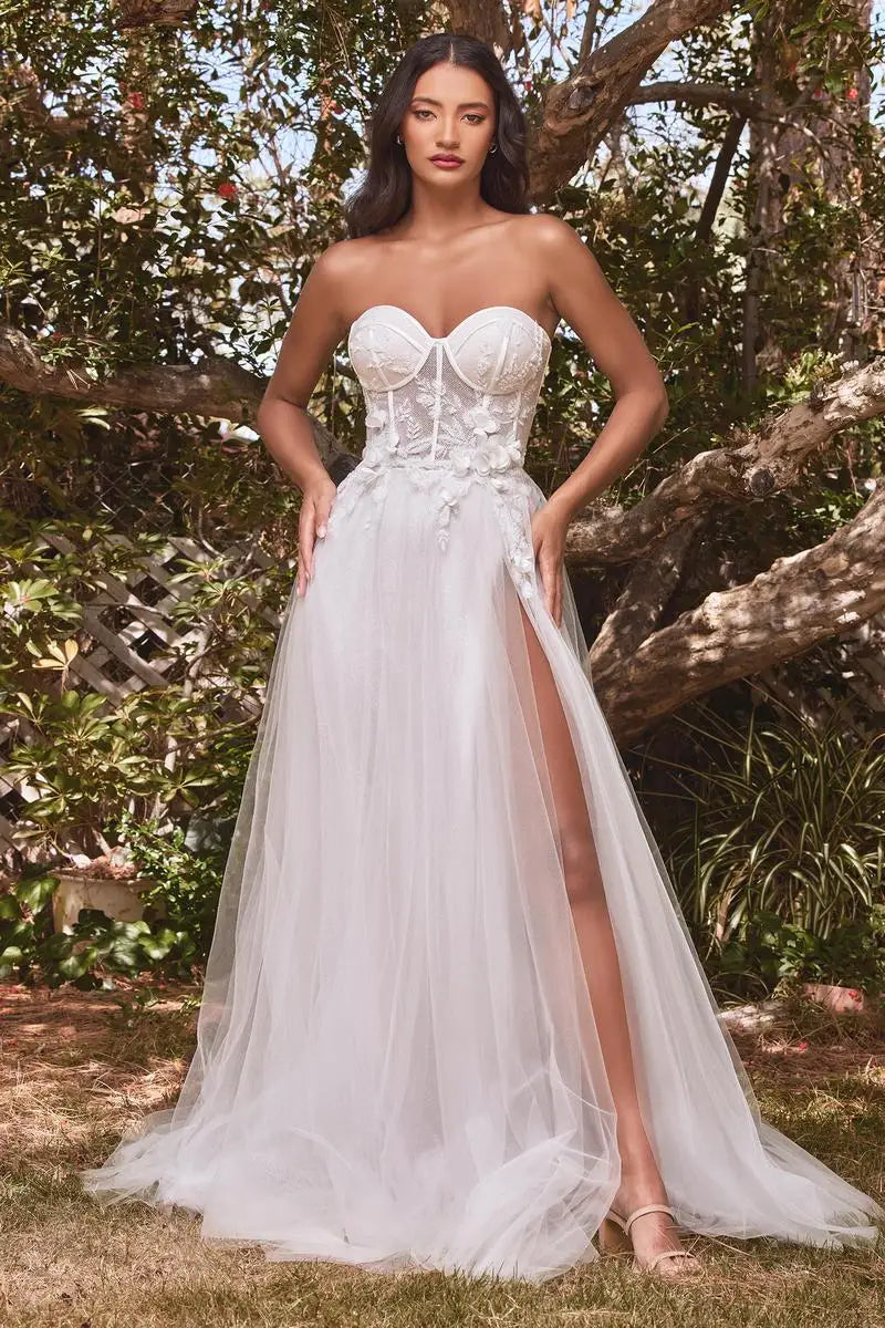 Elegant A-Line Sweetheart Strapless Floral Applique High Slit White Floor-Length Prom Gown