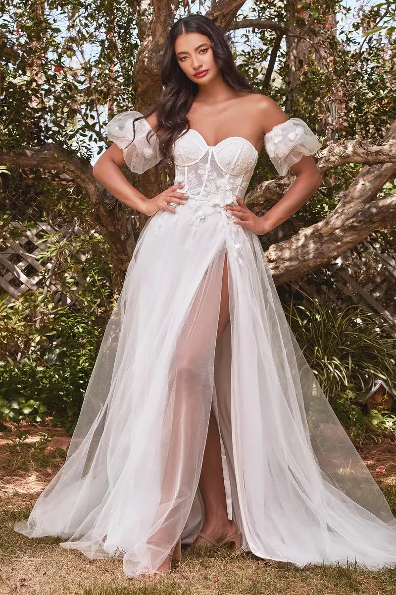 Elegant A-Line Sweetheart Strapless Floral Applique High Slit White Floor-Length Prom Gown