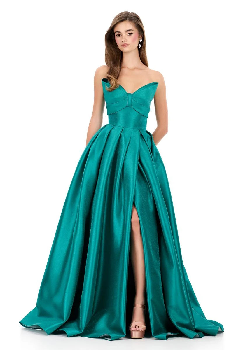 Elegant A-Line Sweetheart Strapless High Slit Teal Floor-Length Prom Dress Women's