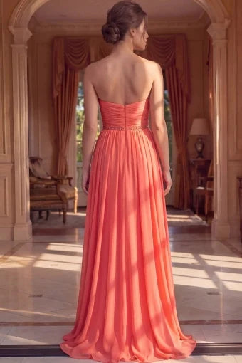 Elegant A-Line Sweetheart Strapless Pleated Beaded Coral Long Prom Dresses Gown