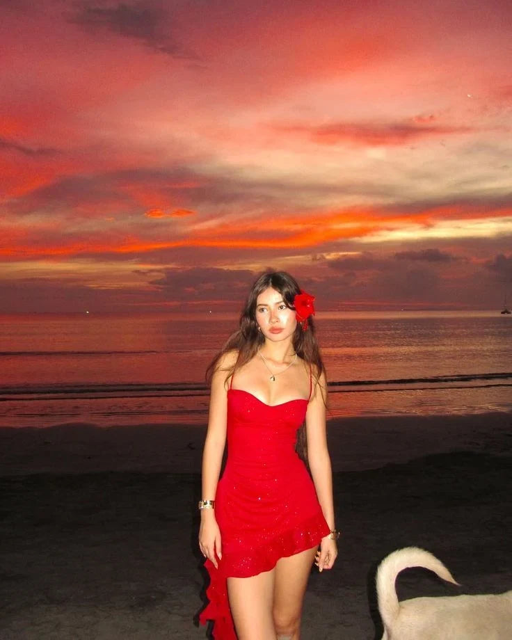 Elegant A-Line Sweetheart Strapless Ruched Ruffled Red Short Homecoming Dress